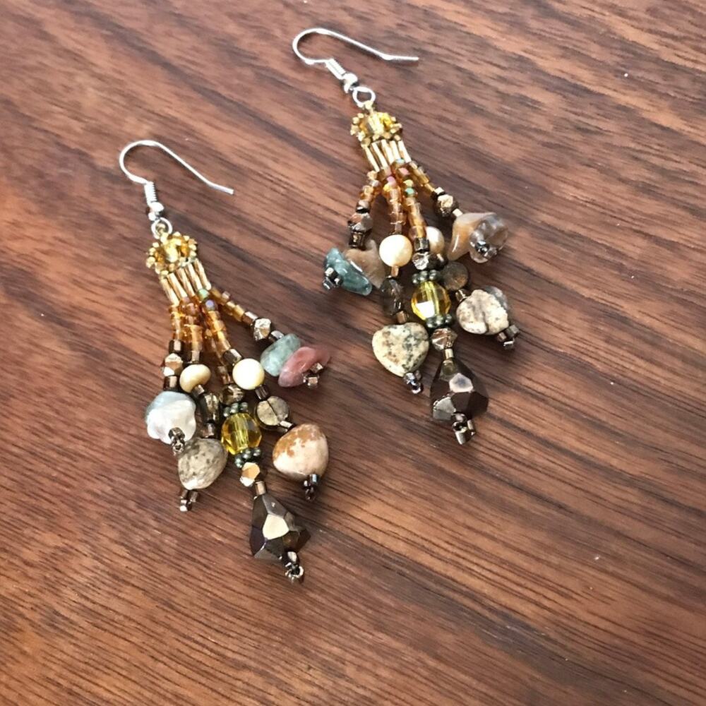 Artisan semiprecious natural stone and glass bead dangle earrings brown tones
